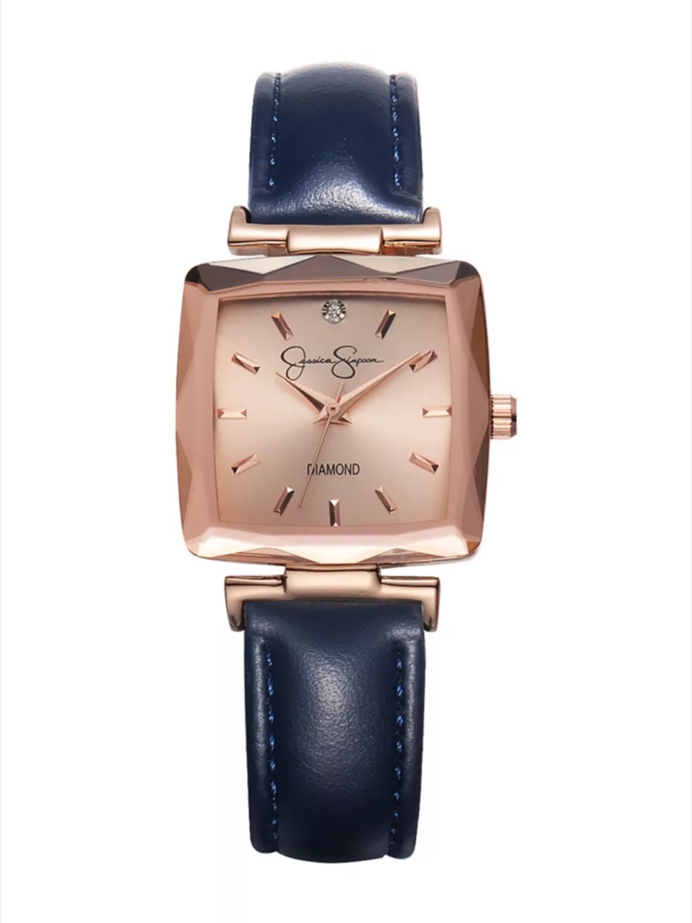 Jessica Simpson Rose Gold Tone Faceted Bezel Genuine Diamond Strap Watch